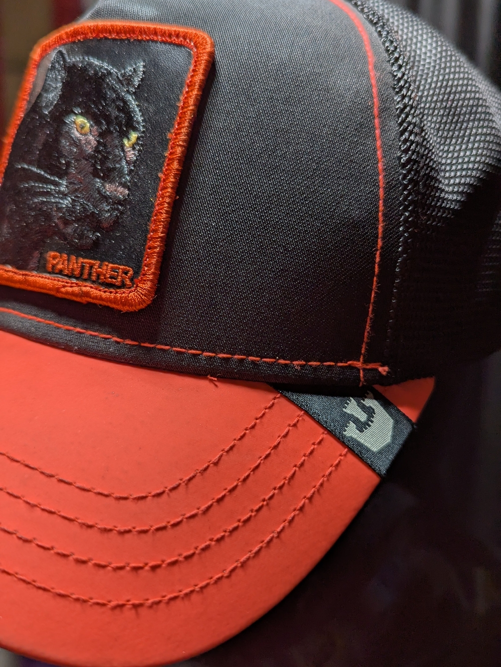Goorin Bros The Farm Panther Trucker Hat Black Orange Mesh Snapback OSFM